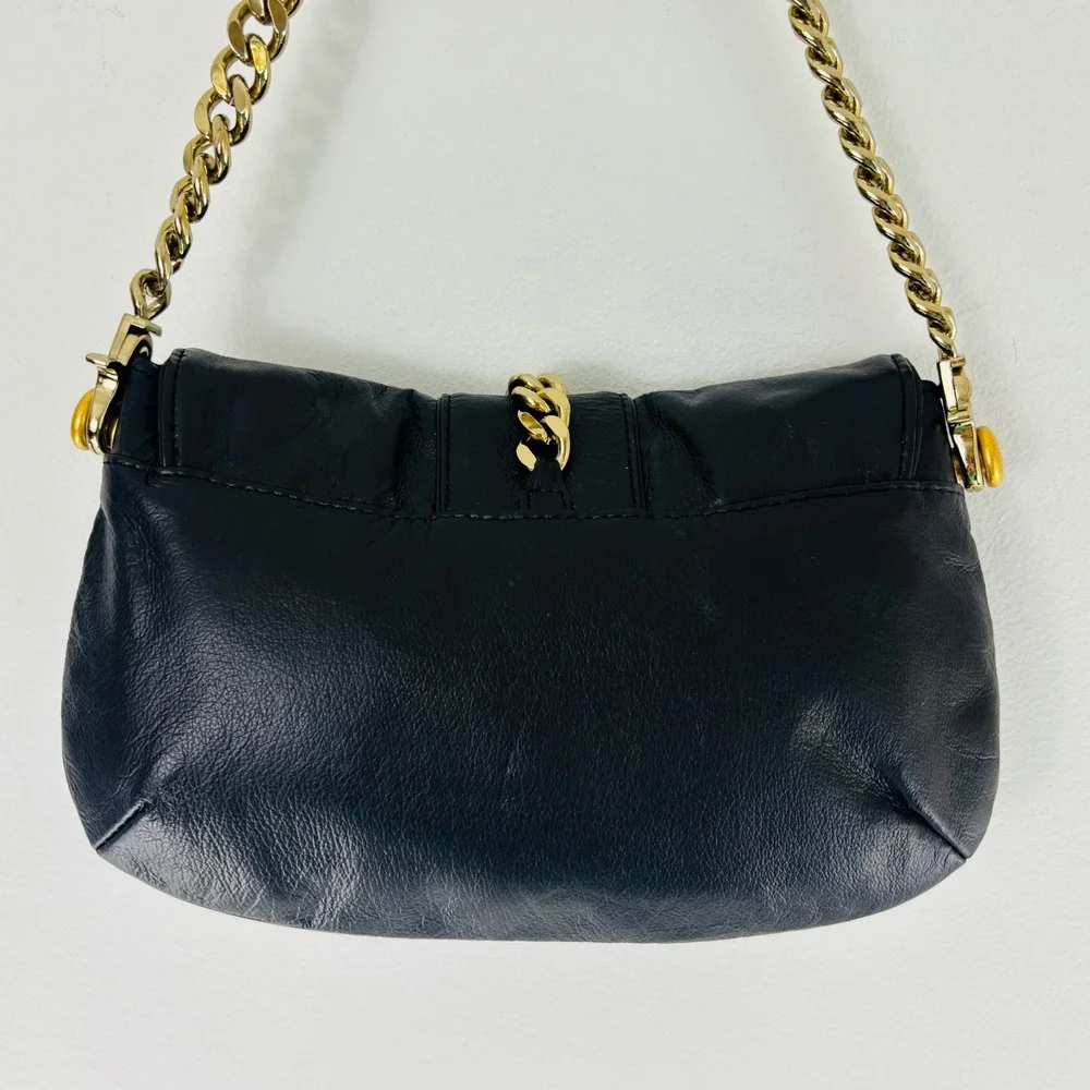 Wilsons Leather Black Leather Bag Shoulder or Clutch Gold Chain Rhinestone Crown